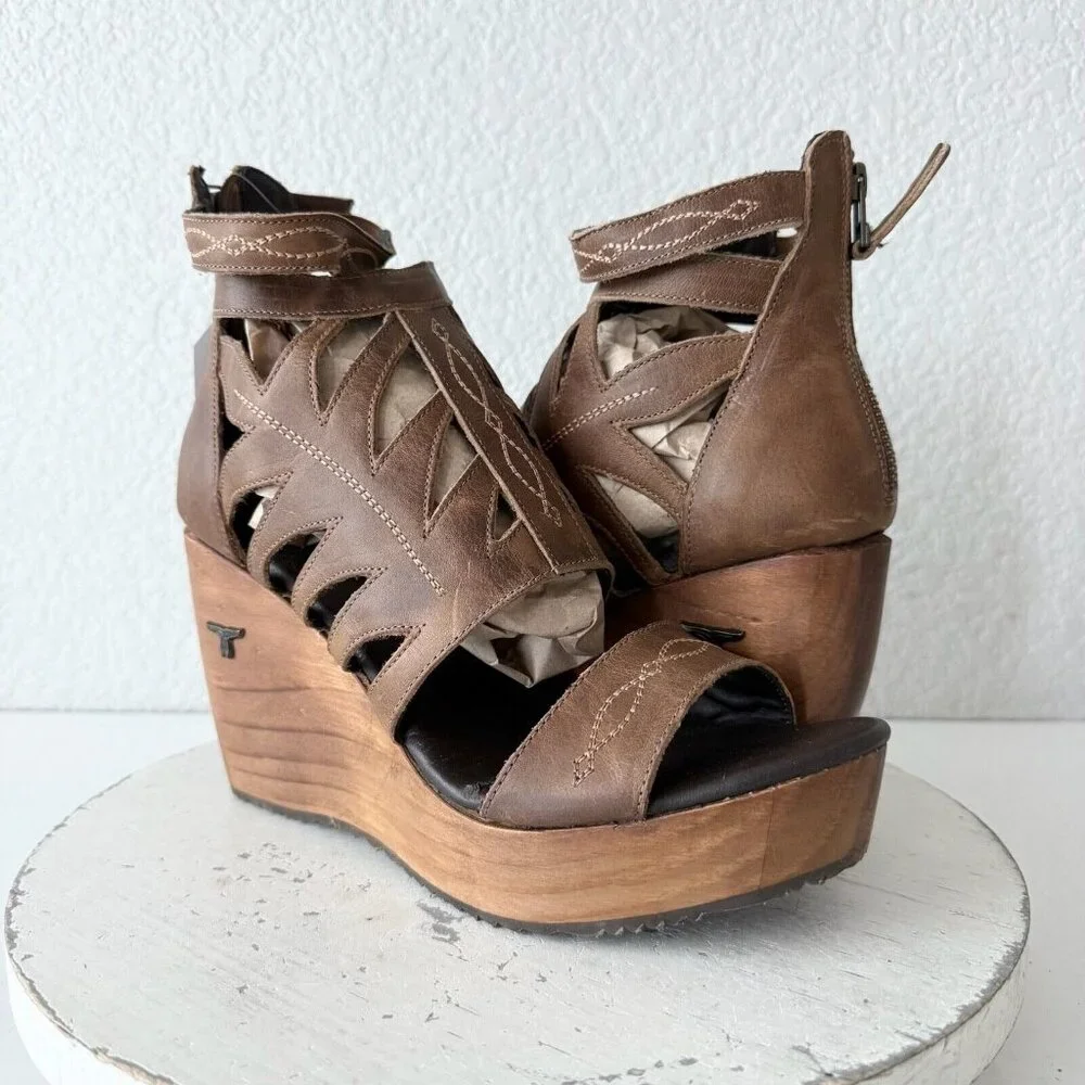 NEW Lane Boots BECCA Womens Brown Wedges Sz 9.5 Western Sandals Cowgirl Leather - Picture 12 of 12